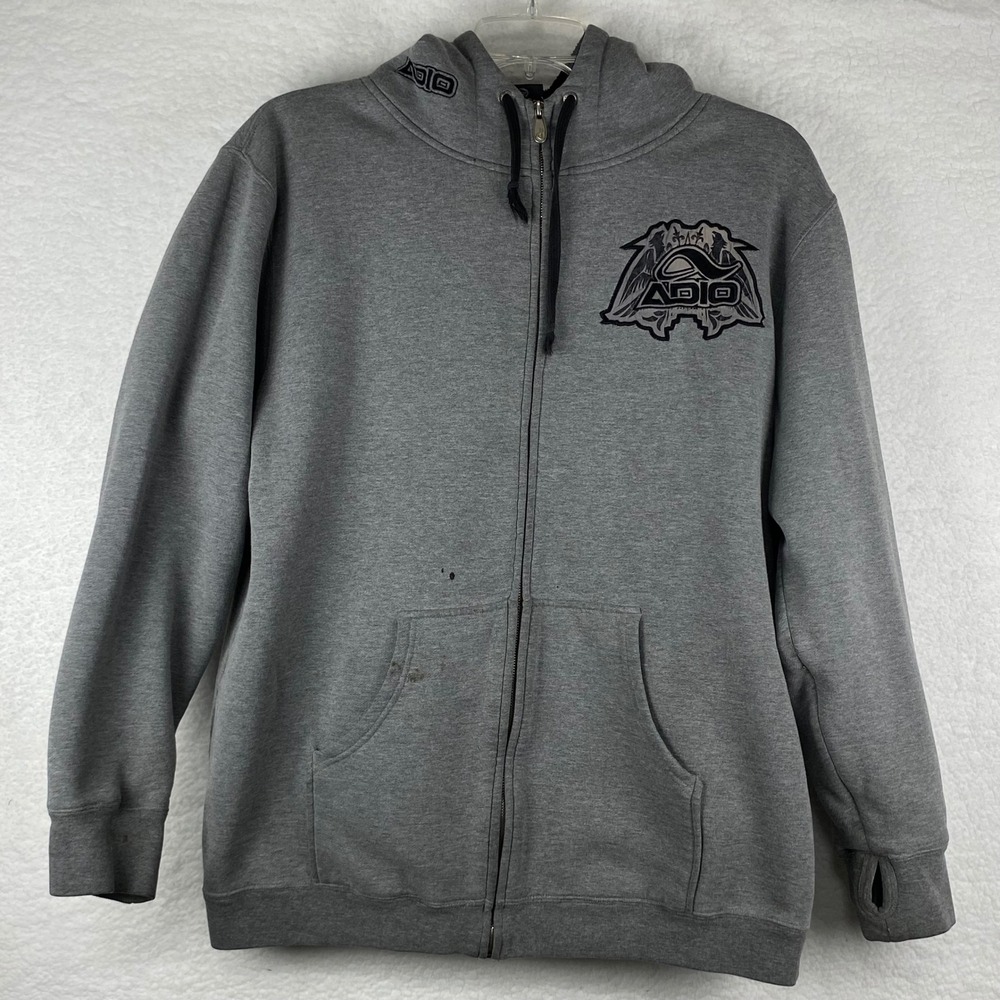 Adio Footwear Mens Gray Full Zip Graphic Hoodie Skater Y2K Streetwear Thumbholes